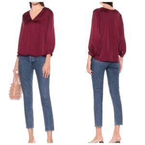 Velvet by Graham & Spencer LORI Shirred V-Neck Satin Blouse SMALL Winestone Red